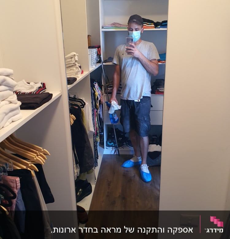 אדם מצלם את עצמו במראה בחדר ארונות